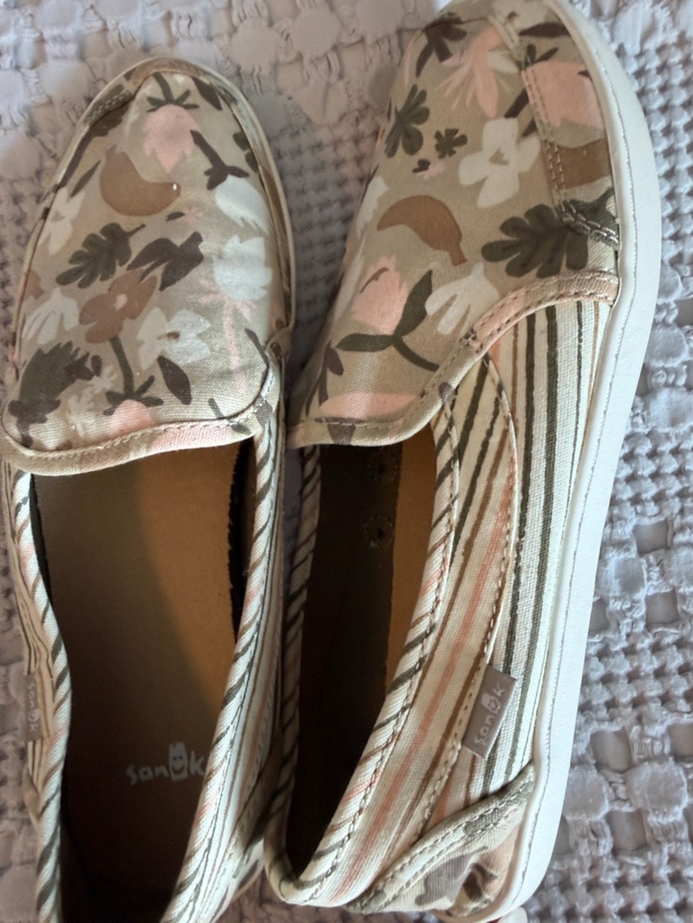 Sanuk Floral Slip-On Canvas Flats in Pink and Tan